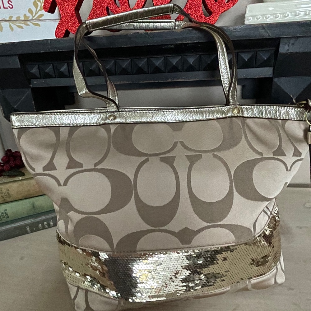 Coach Signature stripe sequin handbag.